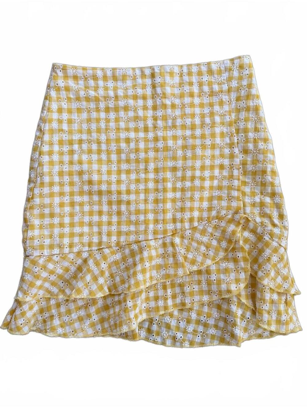 Kirious Los Angeles Yellow Gingham Skirt Women’s XS Asymmetrical Ruffle Hem